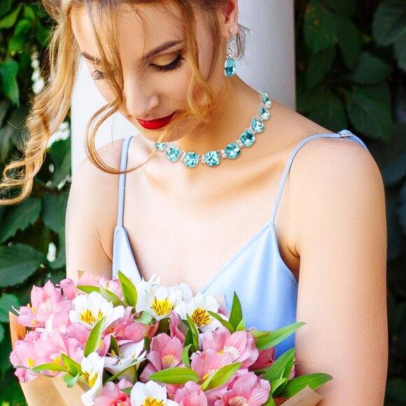 Blue Austrian Crystal Wedding Jewelry Set Necklace Earrings for Brides Bridesmai - Picture 3 of 8